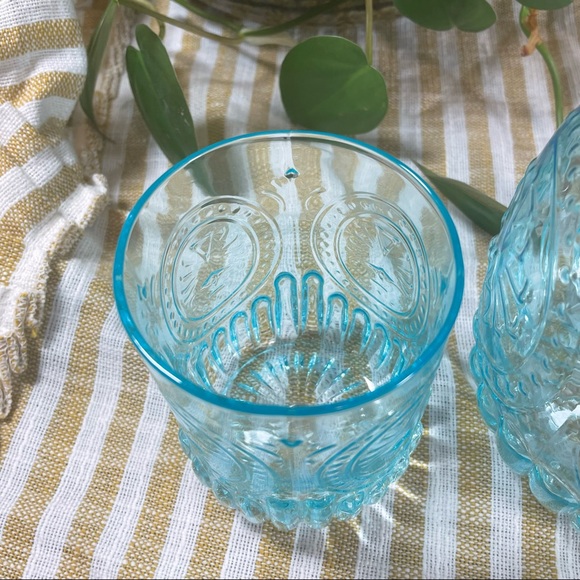 SOLD - Glass Tumble Up Carafe With Cup Blue Glass Embossed - Picture 4 of 7